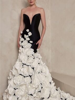 Black Strapless Mermaid Gown with White 3D Floral Detail